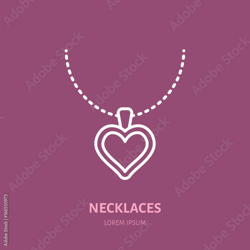 Heart shaped pendant on chain illustration. Flat line icon, jewelry store logo. Jewels accessories sign.
