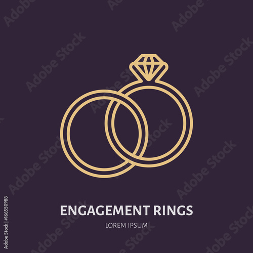 Brilliant engagement rings illustration. Jewelry flat line icon, jewellery store logo. Jewels accessories sign.