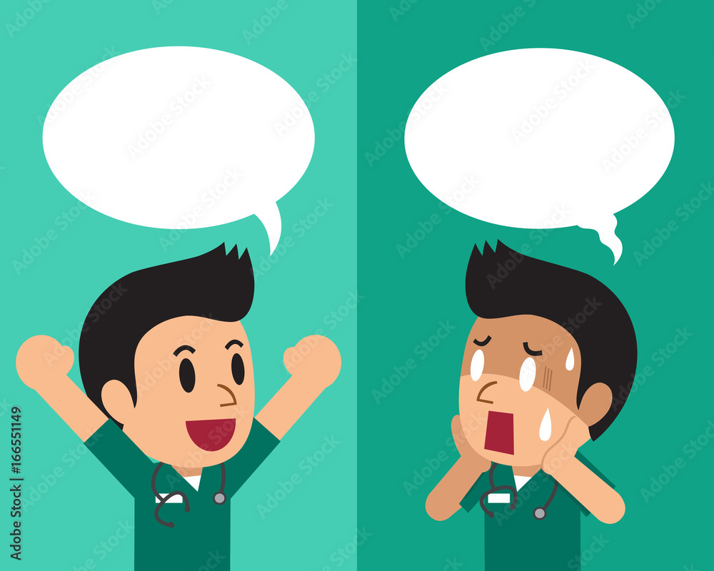 Cartoon male nurse expressing different emotions with speech bubbles Cartoon male nurse expressing different emotions with speech bubbles