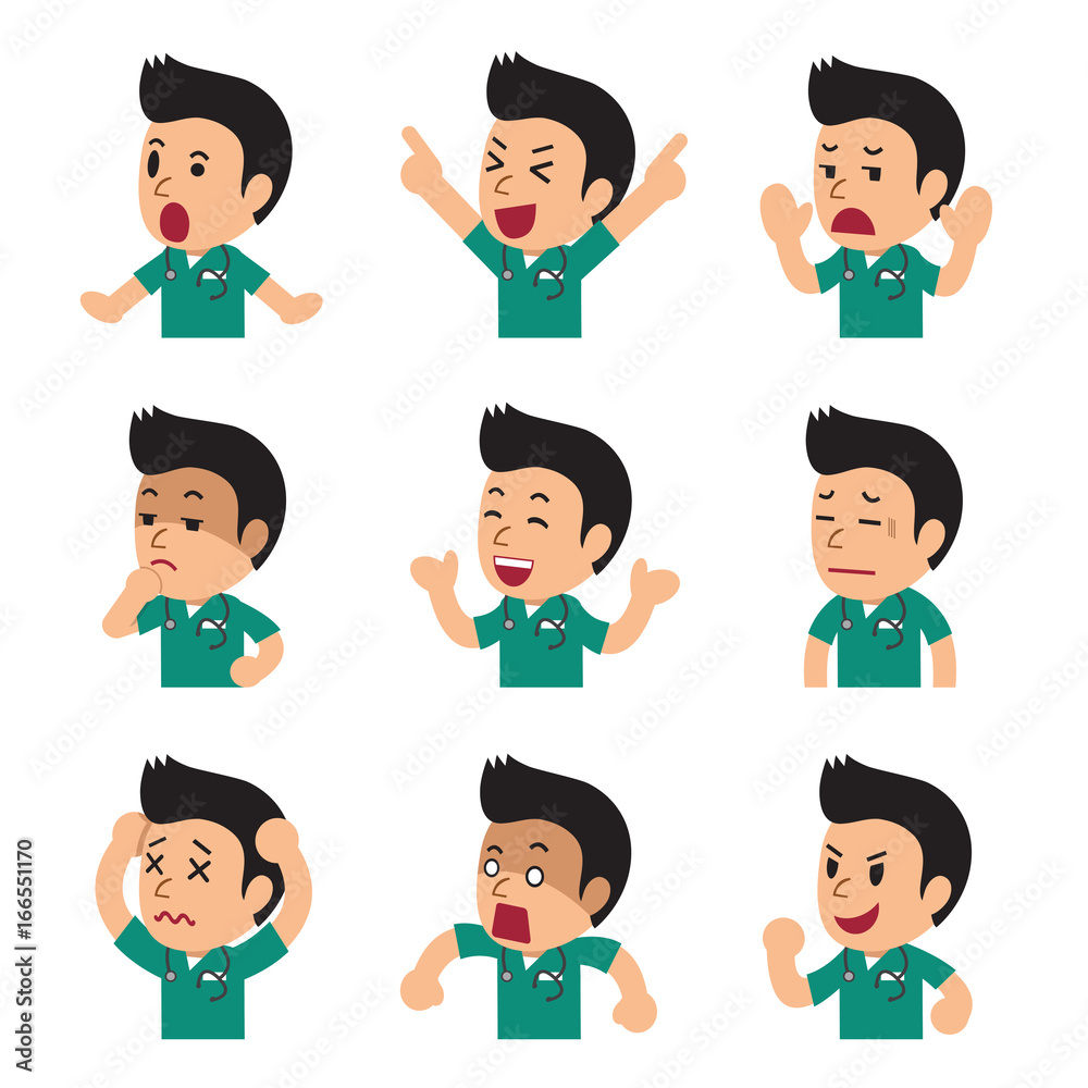 Cartoon male nurse faces showing different emotions set Cartoon male nurse faces showing different emotions set