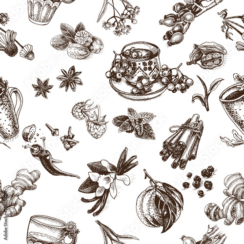 Vector illustration sketch - herbal tea - cup, berry guelder, viburnum, raspberry, rose hip, wild rose, dog rose, linden