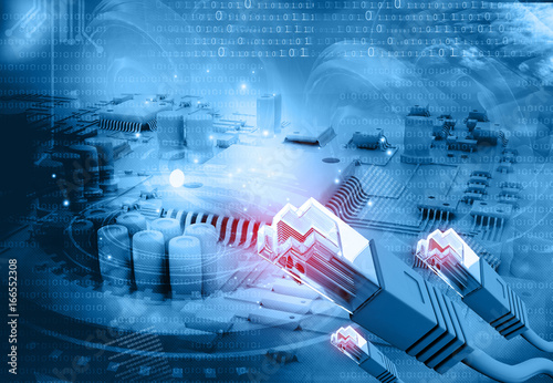 3d illustration of network cable on circuit board .