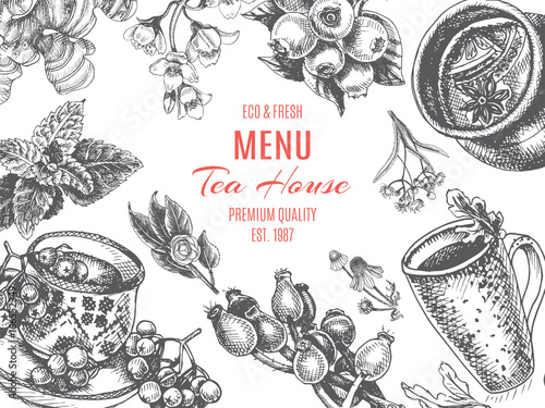 Vector illustration sketch - tea house. Card Menu restaurant. vintage design template, banner.