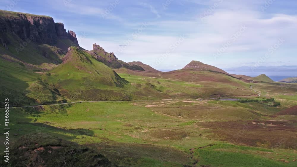 Flying over the Quiraing on the eastern face of Meall na Suiramach, Isle of Skye, Highland, Scotland