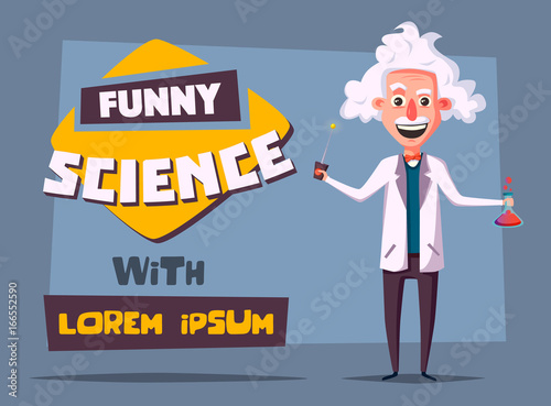 Crazy old scientist. Funny character. Cartoon vector illustration