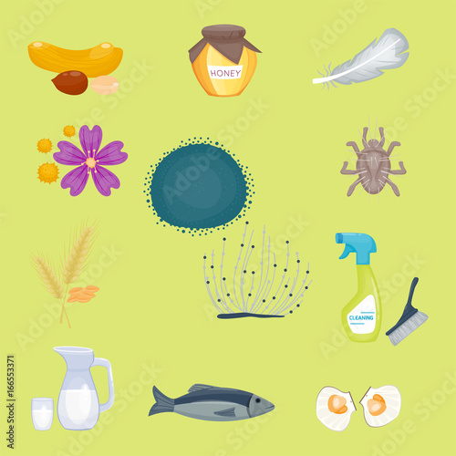 Allergy symbols disease healthcare food viruses health flat illness allergen symptoms disease information vector illustration.