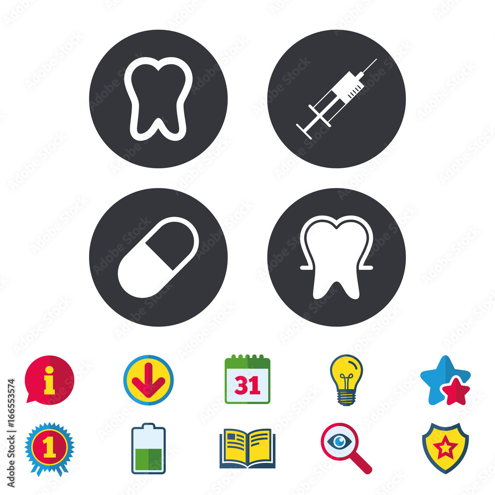 Tooth enamel icons. Medical syringe and pill. Tooth enamel icons. Medical syringe and pill.