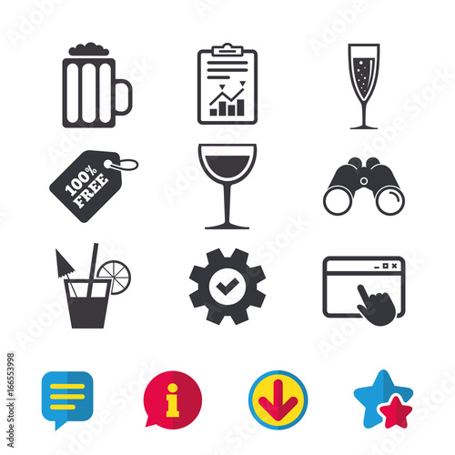 Alcoholic drinks signs. Champagne, beer icons.