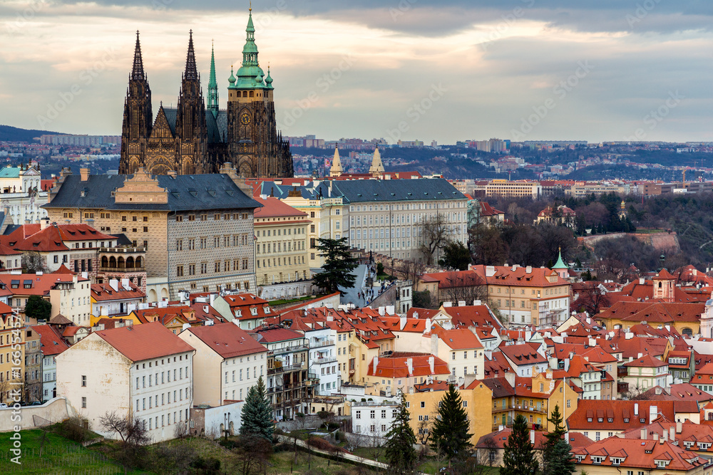Spring Prague panorama from Prague Hill with Prague Castle, Vltava river and historical architecture. Concept of Europe travel, sightseeing and tourism.