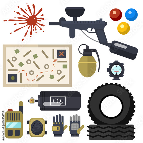 Paintball club symbols icons protection uniform and sport game design elements equipment target vector illustration