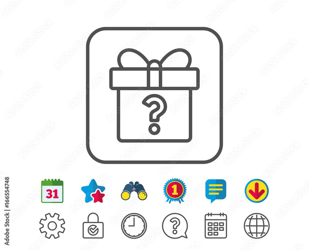 Gift box with Question mark line icon. Present. Gift box with Question mark line icon. Present.