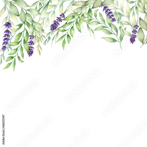 Watercolor hand drawn lavender and green leaves card template. Template for save the date, birthday cards, wedding invitations