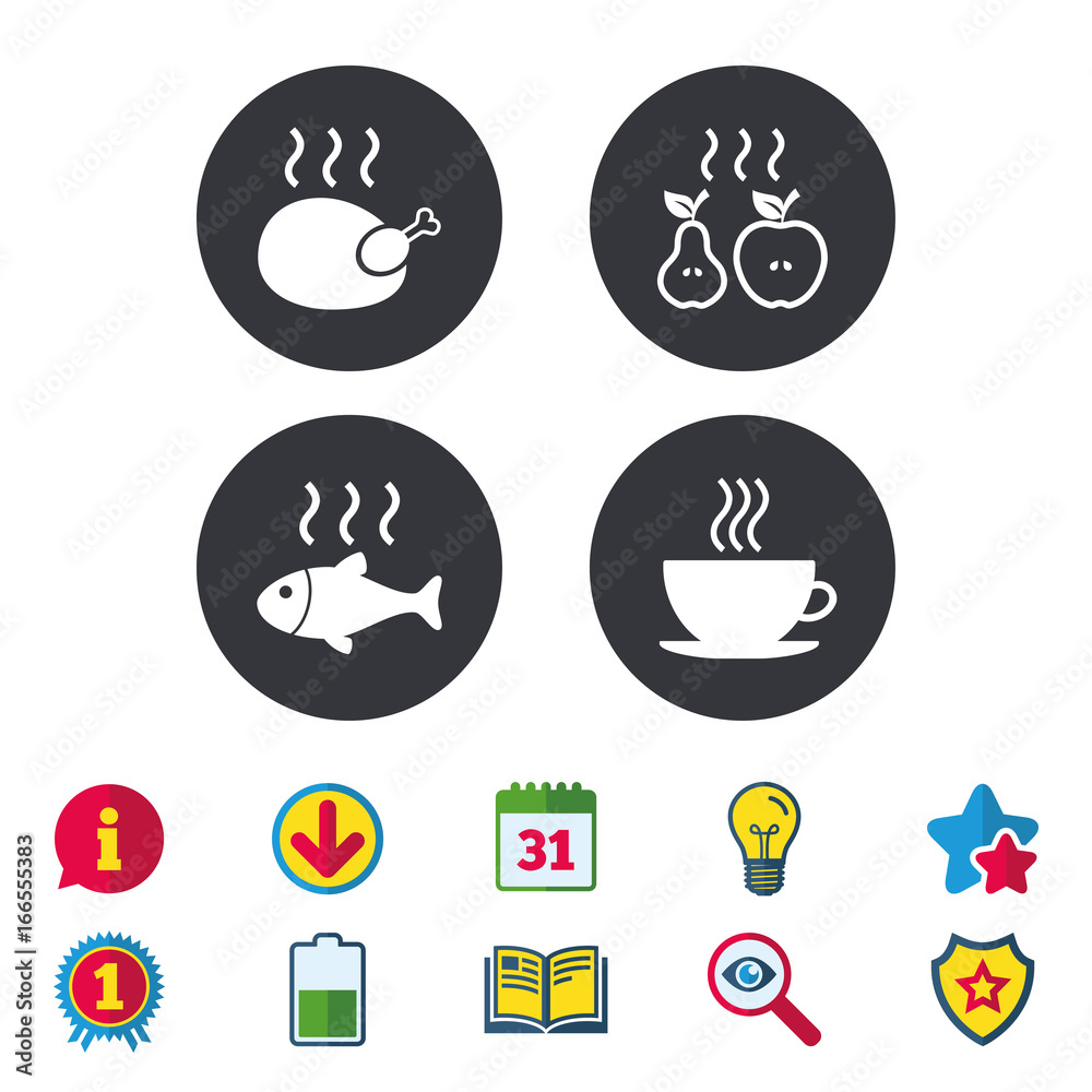 Hot food icons. Grill chicken and fish symbols.