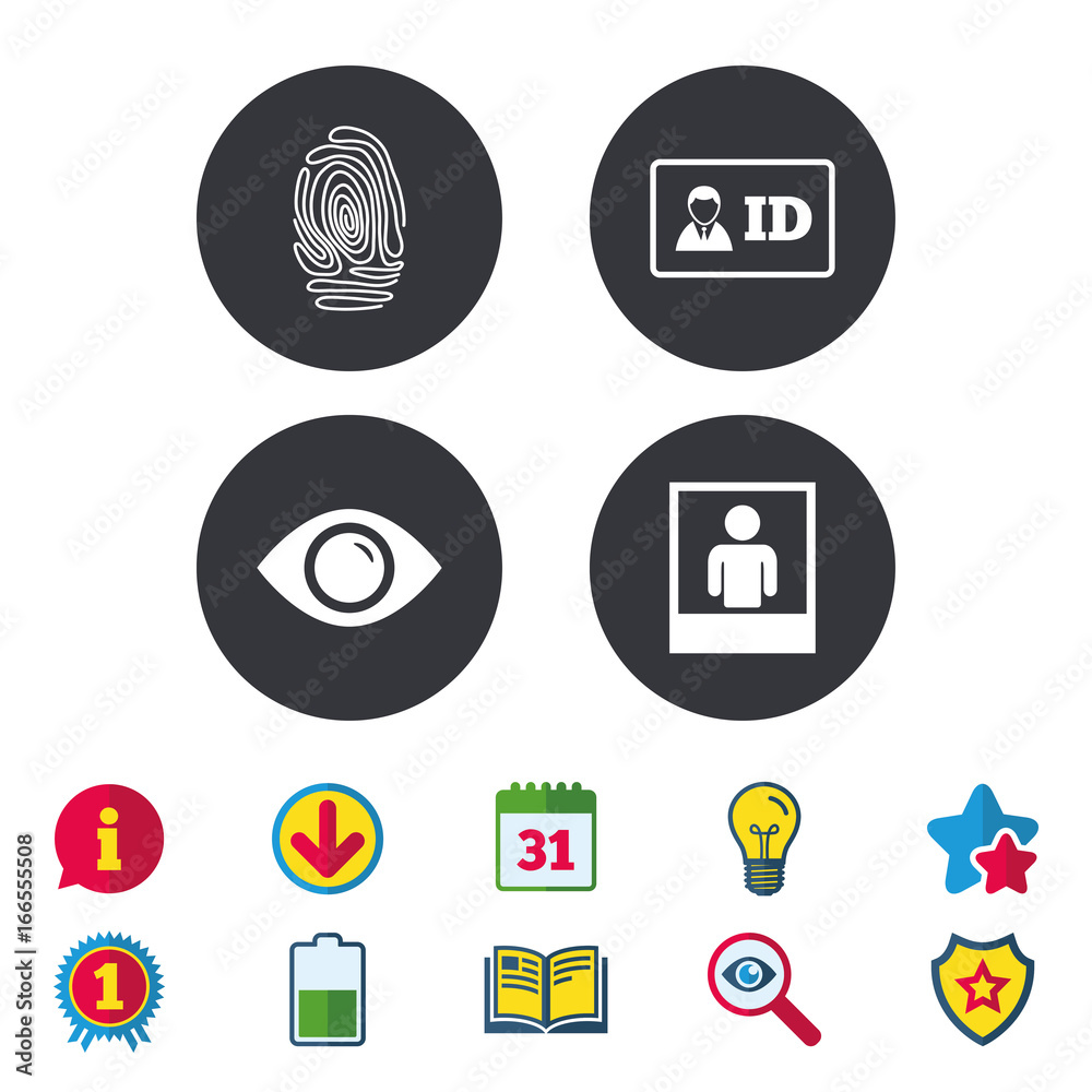 Identity ID card badge icons. Eye symbol. Identity ID card badge icons. Eye symbol.