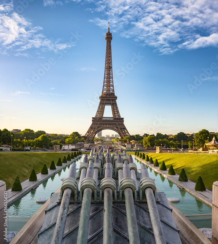 The Eiffel Tower seen from Trocadero on sunrise, Paris, France.