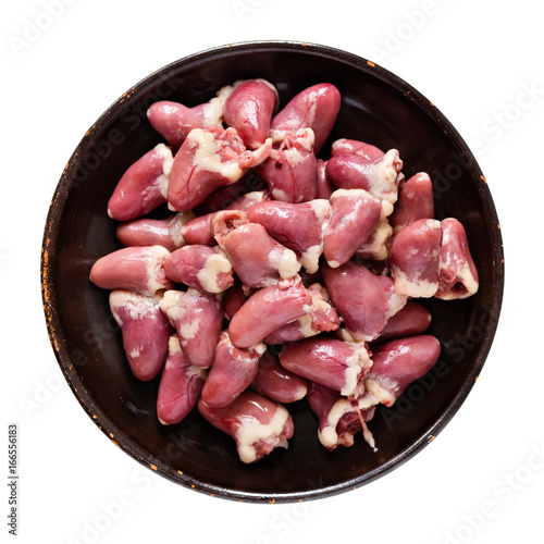 chicken hearts, cooking ingredients on isolated white background