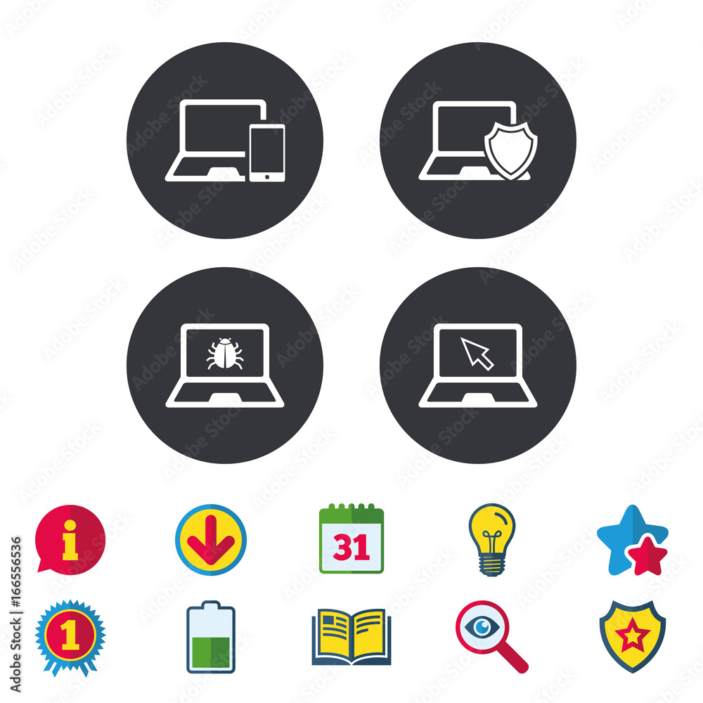 Notebook laptop pc icons. Virus or software bug. Notebook laptop pc icons. Virus or software bug.