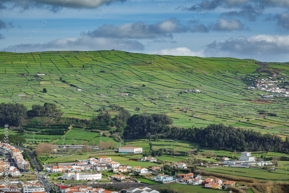 Farm fields with houses in the Terceira island in Azores