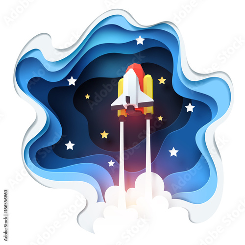 Abstract of spaceship launch to space, paper art concept and exploration idea