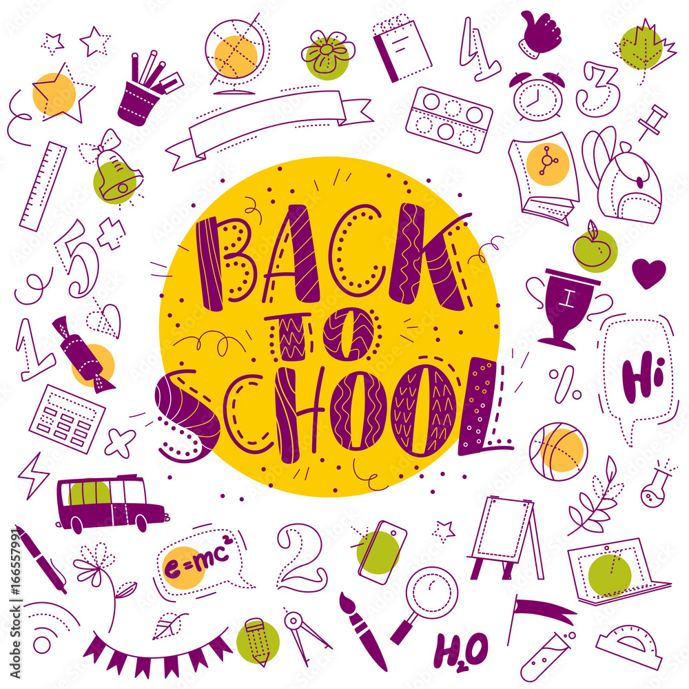 Vector back to school doodle set illustration. Free hand drawn education elements collection isolated on white background. Different school objects scattered. Lettering greeting. Line art.