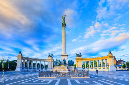 Millennium Monument on the Heroes' Square. Blurred-unrecognizable faces of people. Is one of the most-visited attractions in Budapest squares in Budapest, Hungary.