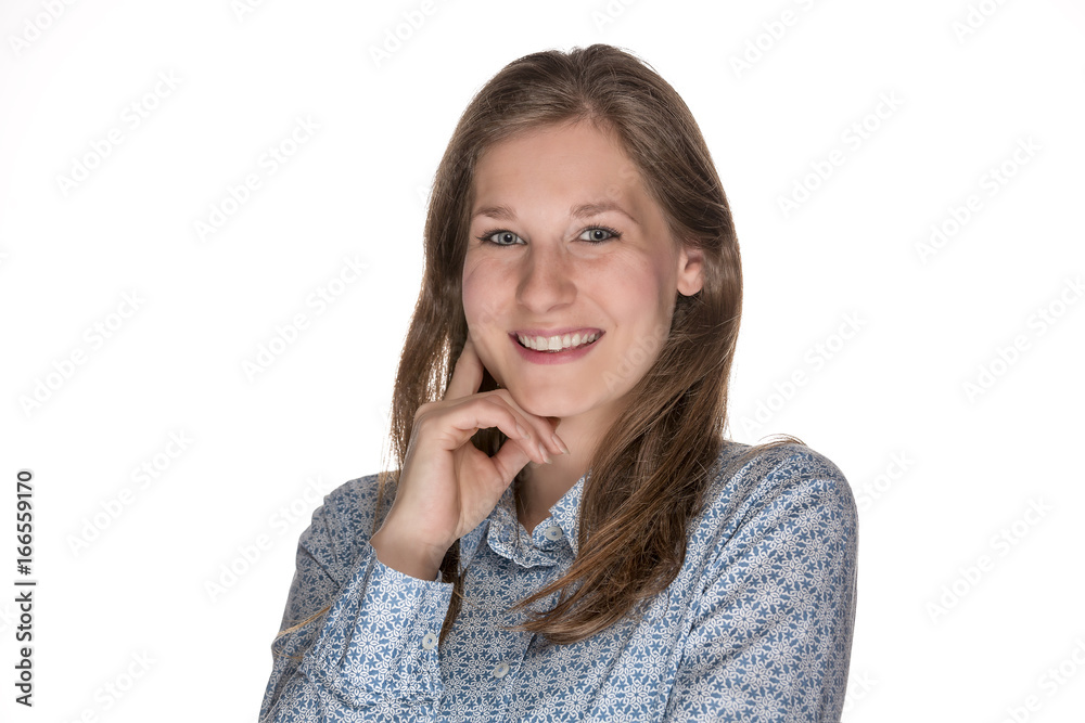 Frau mit blauer Bluse lachend quer Format Frau mit blauer Bluse lachend quer Format