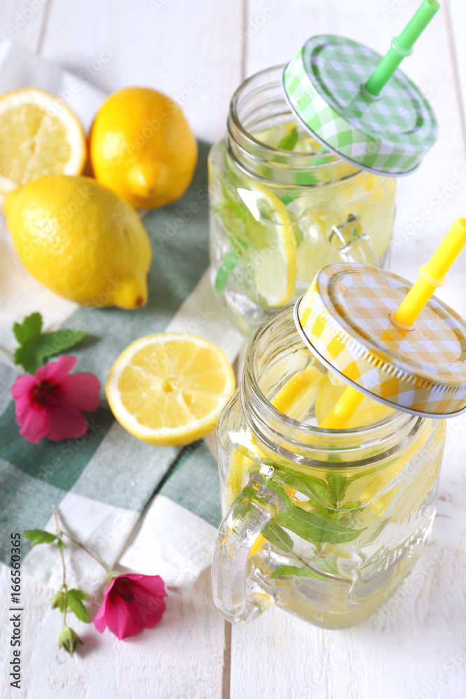 Cool refreshing drink: pure water, lemon and mint Cool refreshing drink: pure water, lemon and mint