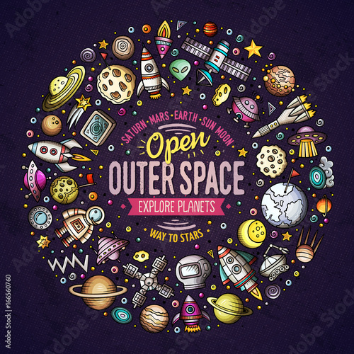 Set of space cartoon doodle objects, symbols and items
