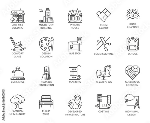Vector set of 20 linear icons of city infrastructure. Pictogram in linear style for advertising and real estate projects, designation of public areas. Graphic contour logo isolated on white background