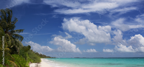 Fototapeta Naklejka Na Ścianę i Meble -  Panoramic view of Maldivian tropical beach with bright sea water under blue sky and white clouds on background