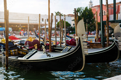 Gondolas parked near St. Marks Square of Venice, Italy © Angelov