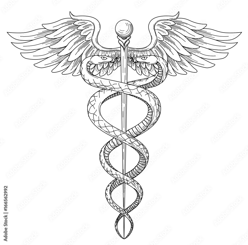 Cadeus Medical Medecine Pharmacy Doctor Ancient High Detailed Symbol.  Vector Hand Drawn Linear Two Snakes with Wings Sword Stock Vector -  Illustration of commerce, creative: 98433203