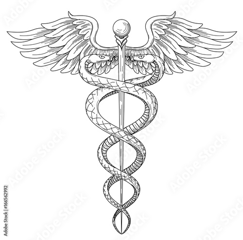 Cadeus Medical medecine pharmacy doctor acient high detailed symbol. Vector hand drawn black linear tho snakes with wings sword background. Greek retro culture hospital old element. Tattoo design.