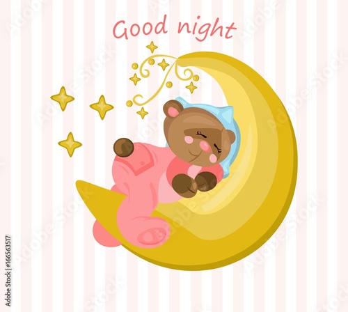 Good night card with teddy bear sleeping on the moon Vector
