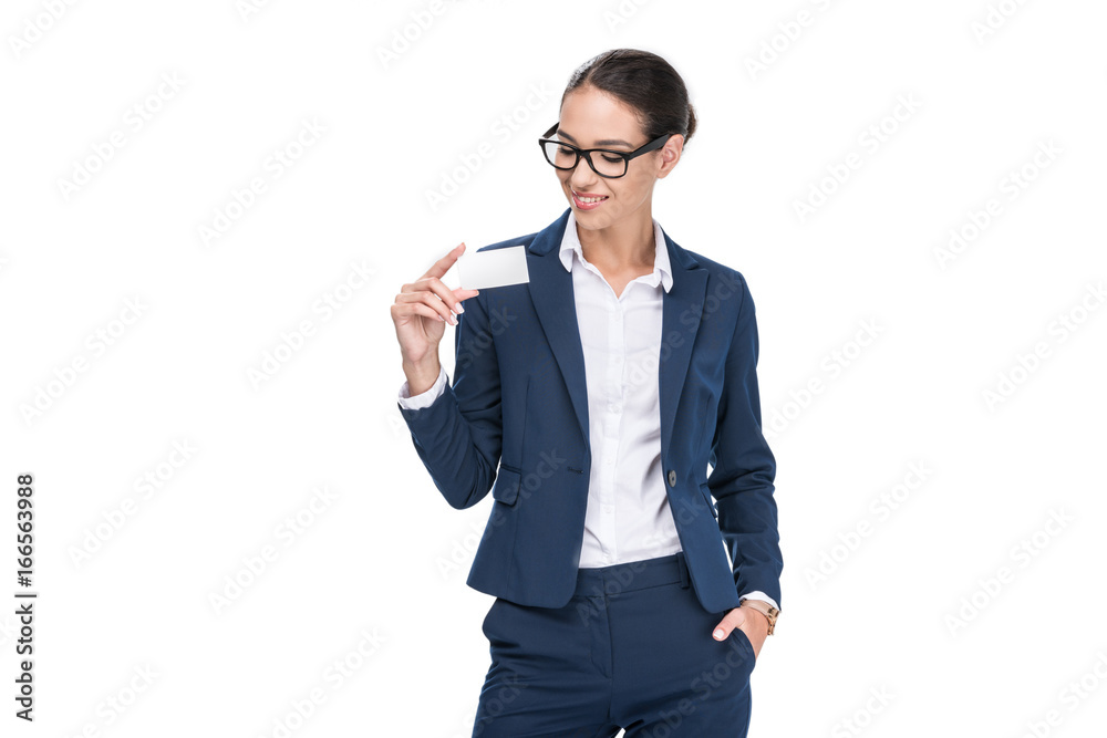 Beautiful smiling businesswoman holding empty business card, isolated on white Beautiful smiling businesswoman holding empty business card, isolated on white