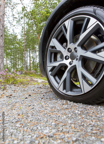 Big alloy wheels against the forest. A modern luxury car parked close to the forest.