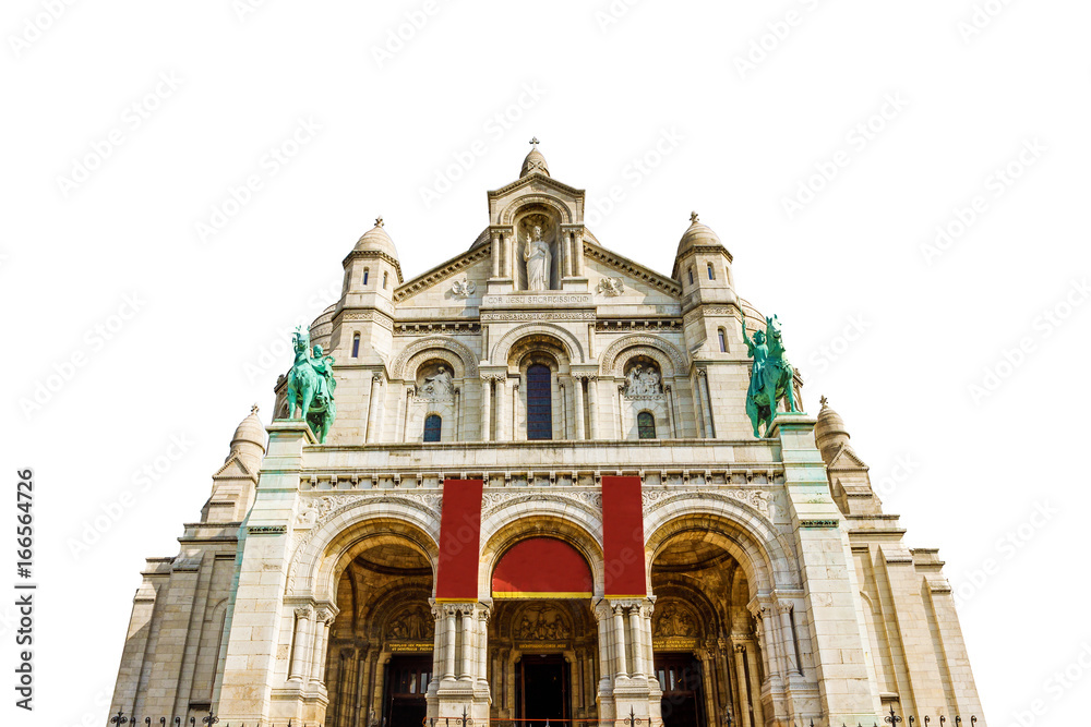 Front facade of the Sacre Coeur church or Sacred Heart Basilica of Paris in France in Montmartre historic district of Paris city isolated on white background with copy space.
