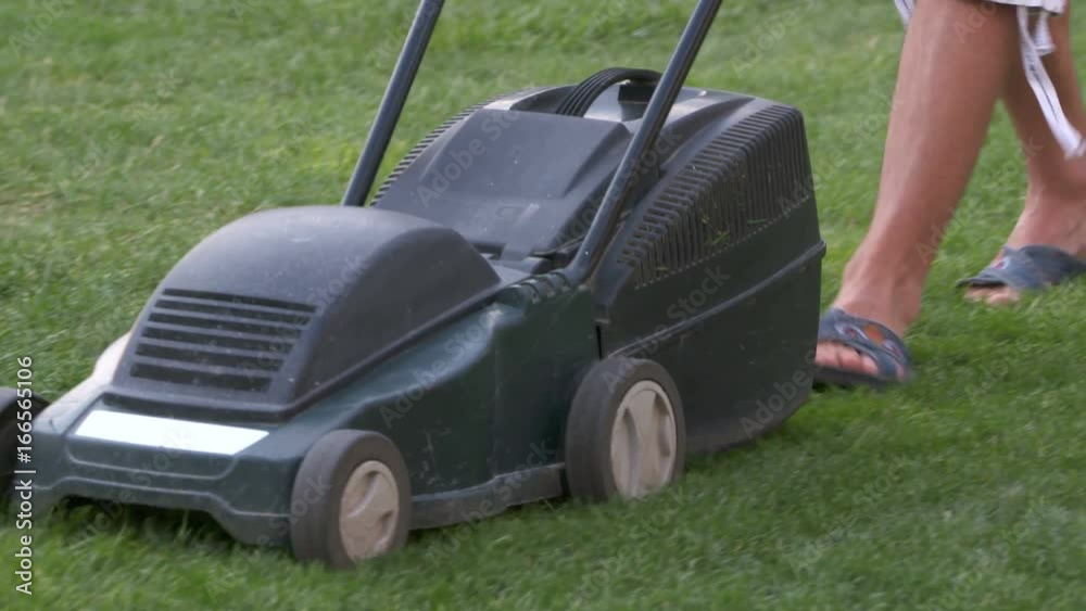 Homeowner working in garden uses lawnmower to mow a lawn. Man in shorts and sandals cutting grass in his yard with corded electric lawn mower. Homeowner working in garden uses lawnmower to mow a lawn. Man in shorts and sandals cutting grass in his yard with corded electric lawn mower.