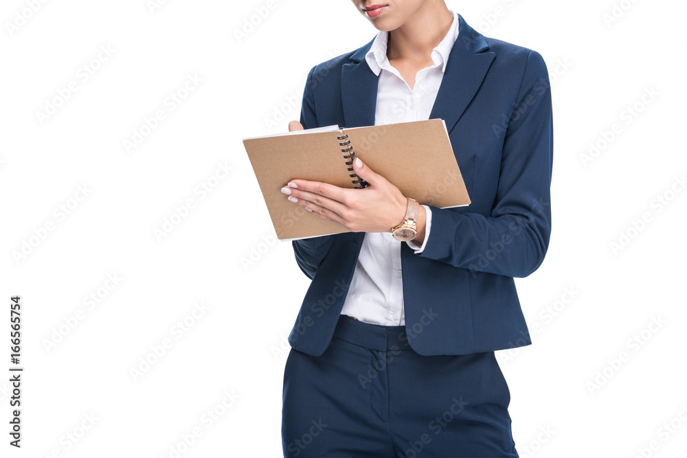 cropped view of businesswoman in suit writing in diary, isolated on white cropped view of businesswoman in suit writing in diary, isolated on white