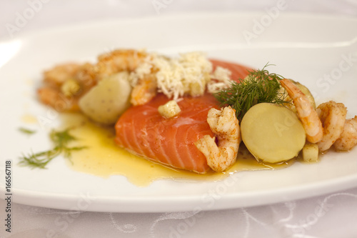 salmon with shrimp and potatoes