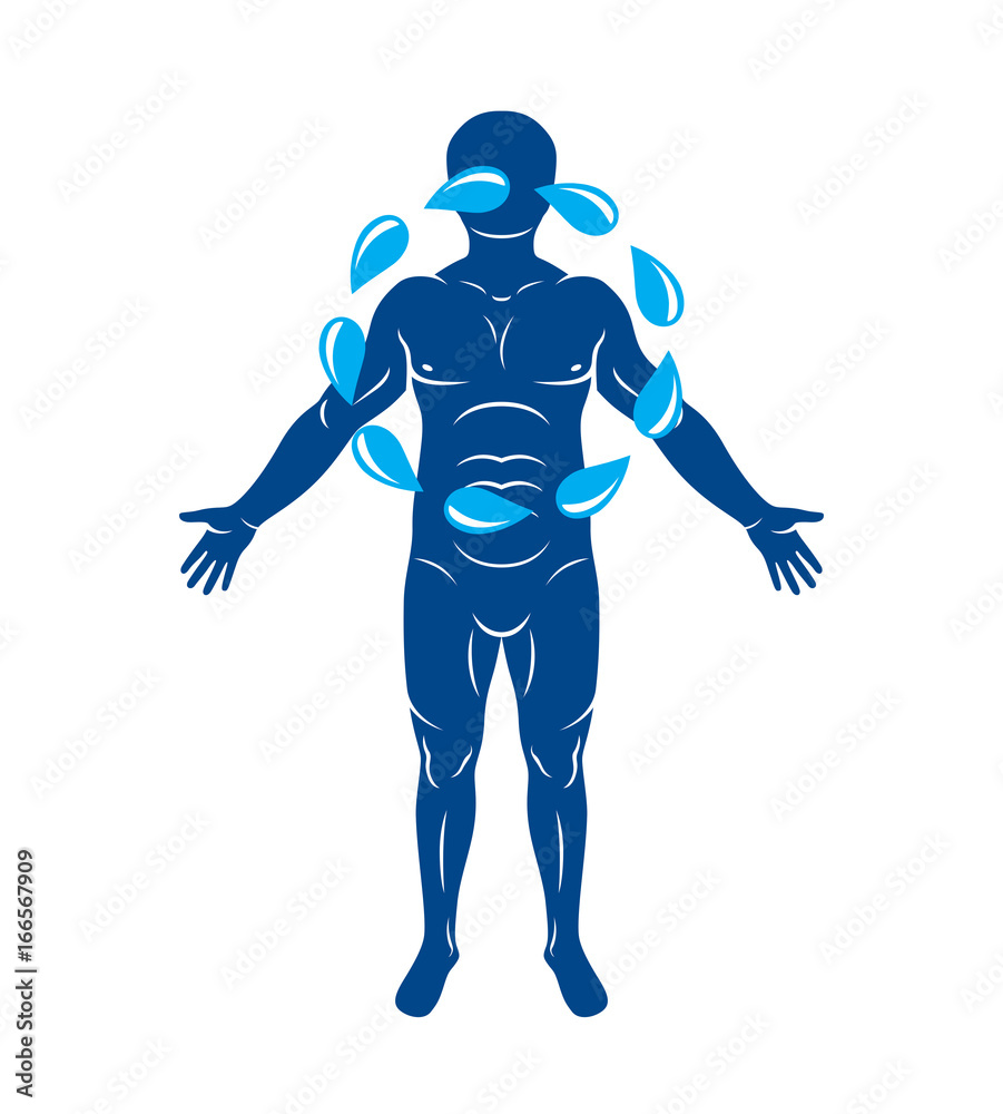 Vector illustration of human being standing created with a circle of water drops. Pure water as the driving force for human activity. Vector illustration of human being standing created with a circle of water drops. Pure water as the driving force for human activity.