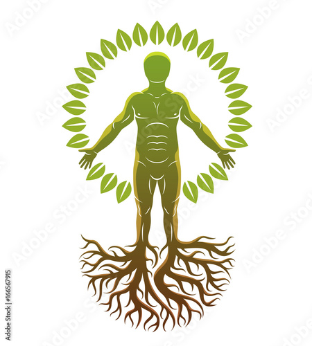 Vector art graphic illustration of strong male, body silhouette created using tree roots. Slavic ancient pagan god metaphor.