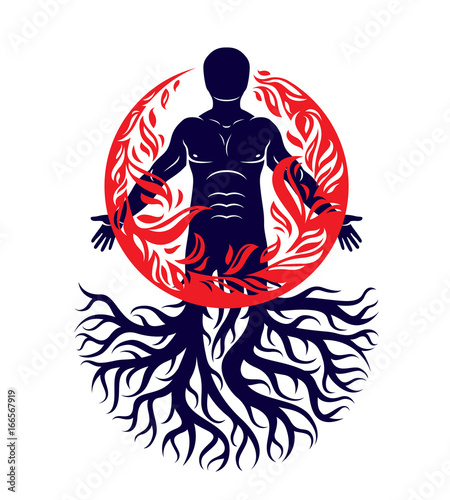 Vector illustration of human being created with tree roots. Human and nature harmony, fire man covered with a fireball.