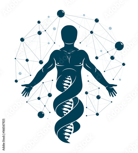 Vector graphic illustration of human made as DNA strands continuation, individuality created with mesh wireframe connections. Biochemistry scientific research.