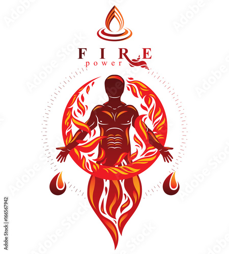 Vector graphic illustration of strong male  body silhouette standing. Fire person as bunch of the powerful energy covered with a fireball.