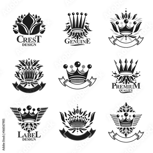 Imperial Crowns emblems set. Heraldic Coat of Arms  vintage vector logos collection.