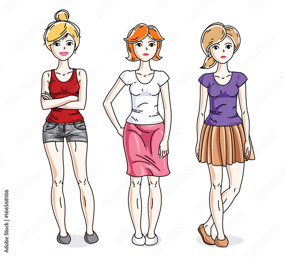 Happy young adult girls female standing in stylish casual clothes. Vector characters set.