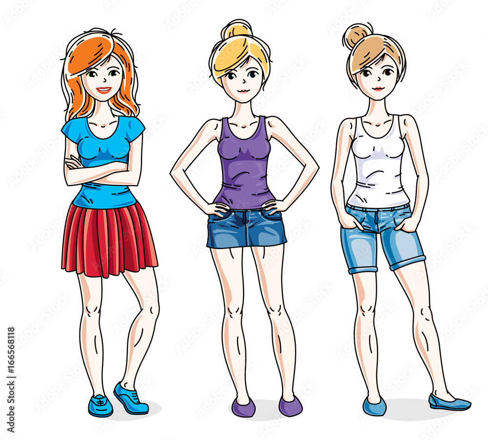 Happy cute young adult girls standing wearing fashionable casual clothes. Vector diversity people illustrations set. Happy cute young adult girls standing wearing fashionable casual clothes. Vector diversity people illustrations set.