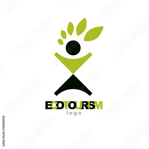 Vector illustration of excited abstract  man with raised reaching up. Ecotourism conceptual logo. Wellness and harmony symbolic symbol.
