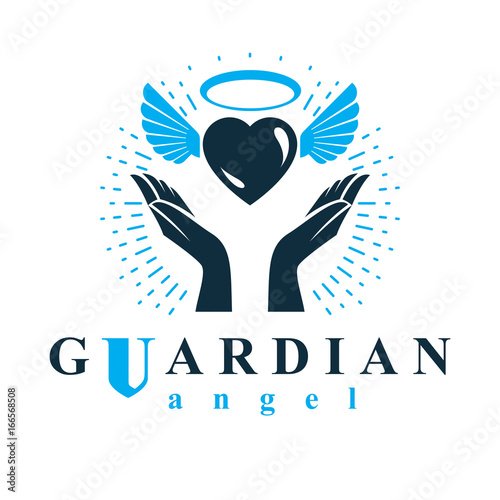 Loving heart in human hands, giving aid metaphor. Holy spirit graphic vector logo best for use in charity organizations.